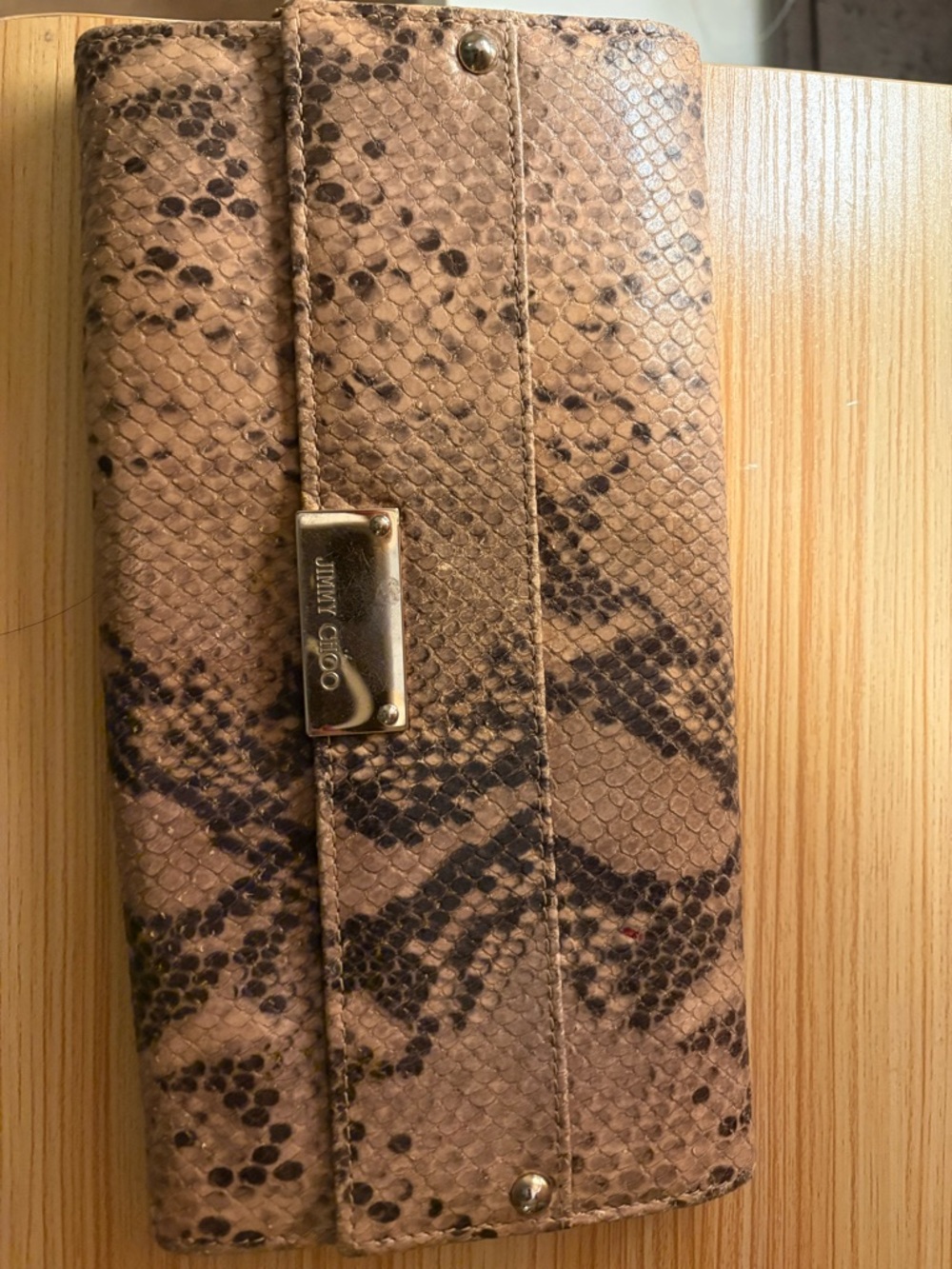 Jimmy Choo Tan and Dark Brown Snakeskin Clutch Wallet